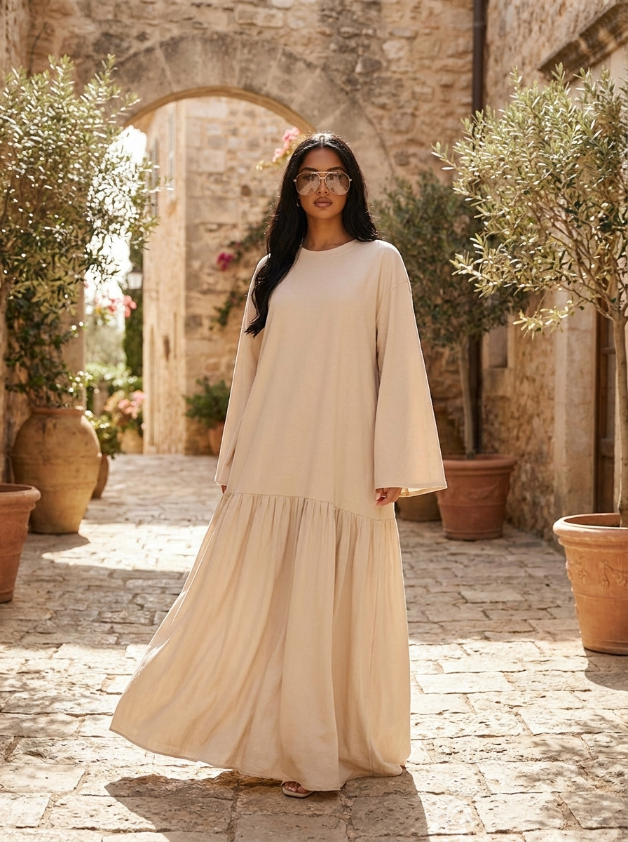 Tiered maxi dress with oversized flare sleeves in a stone courtyard