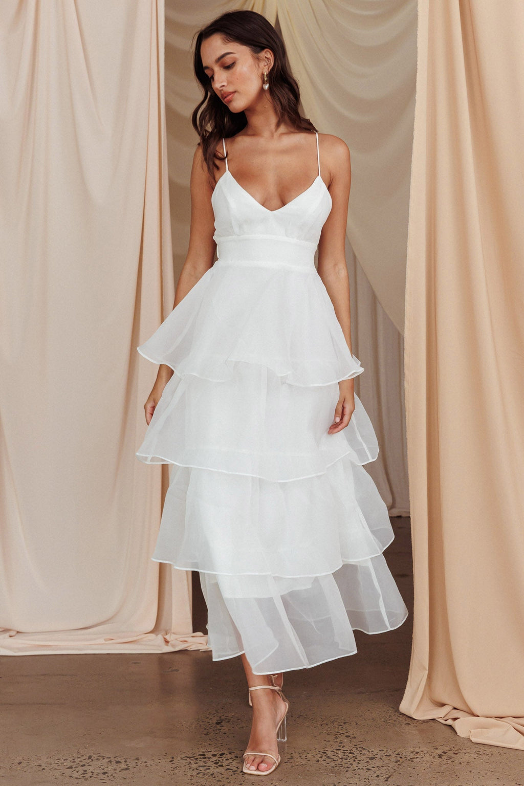 White tiered ruffle midi dress, front view