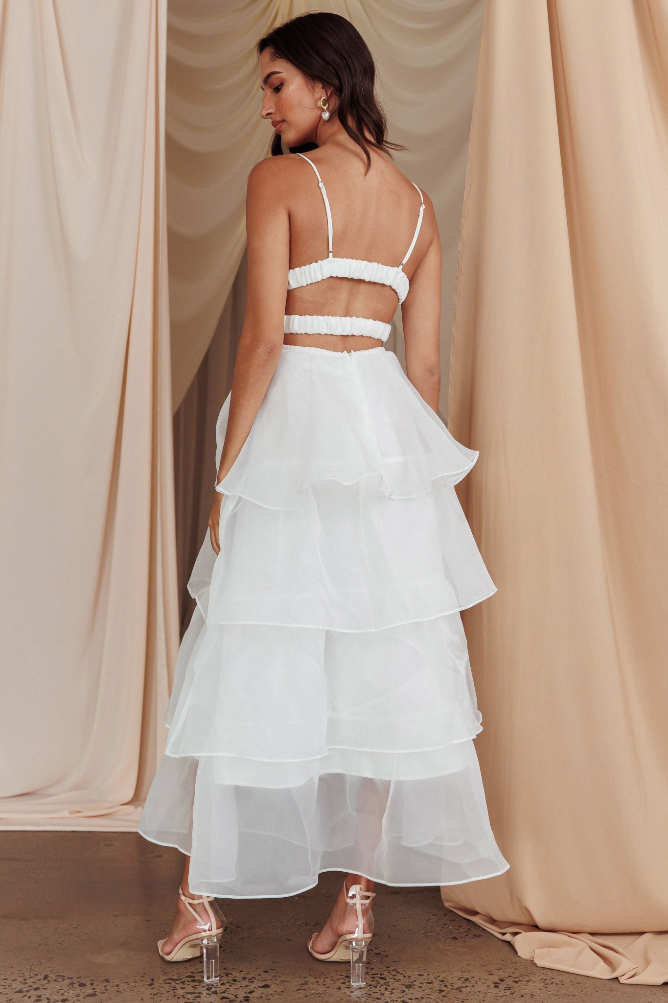 White tiered ruffle midi dress, third view