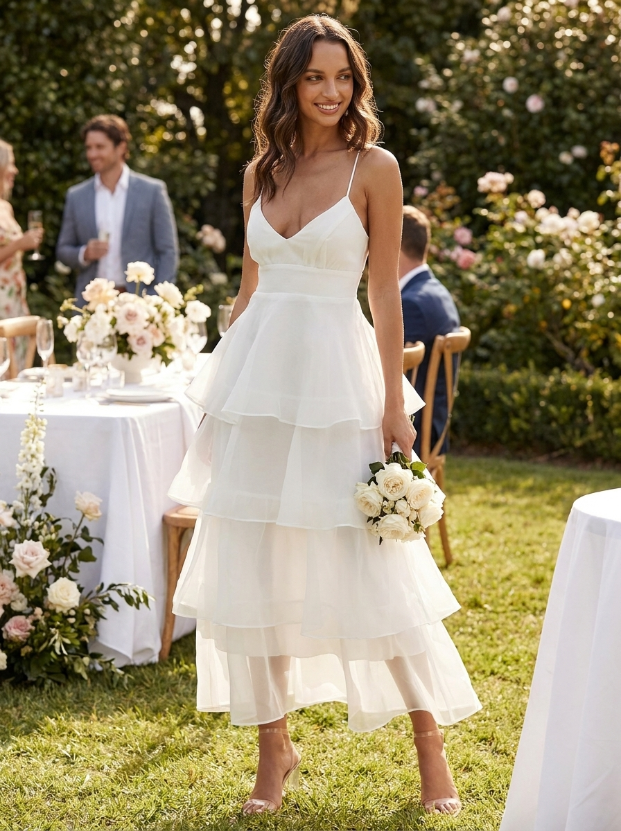 White tiered ruffle midi dress with adjustable straps at a garden celebration