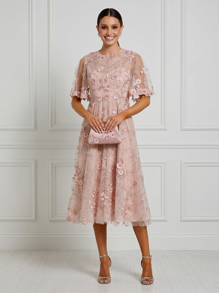 Tulle A-line midi cocktail dress with short sleeves