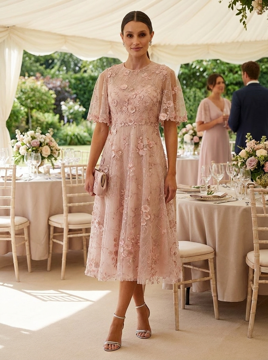Tulle A-line midi cocktail dress with short sleeves at a garden reception