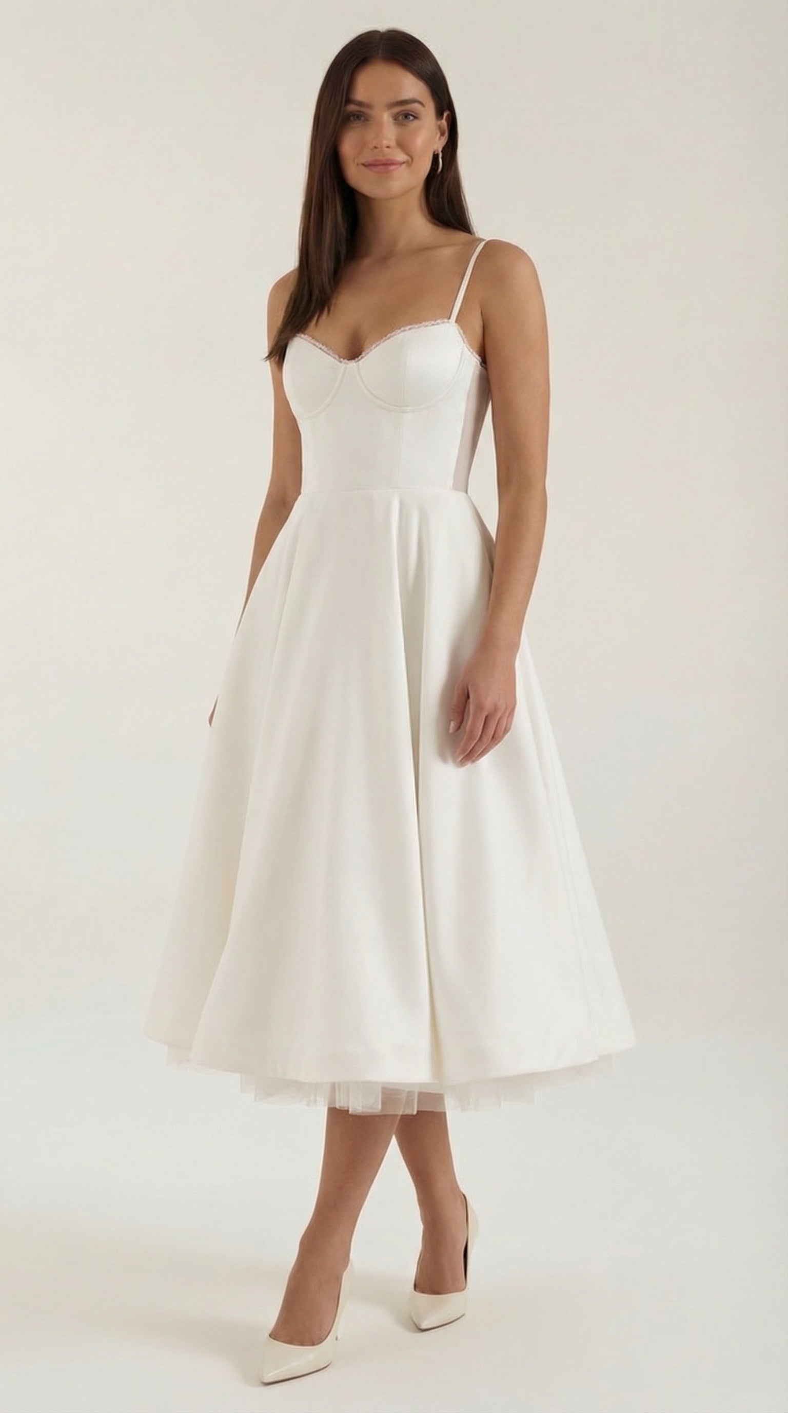 Tulle midi dress with sweetheart neckline in white