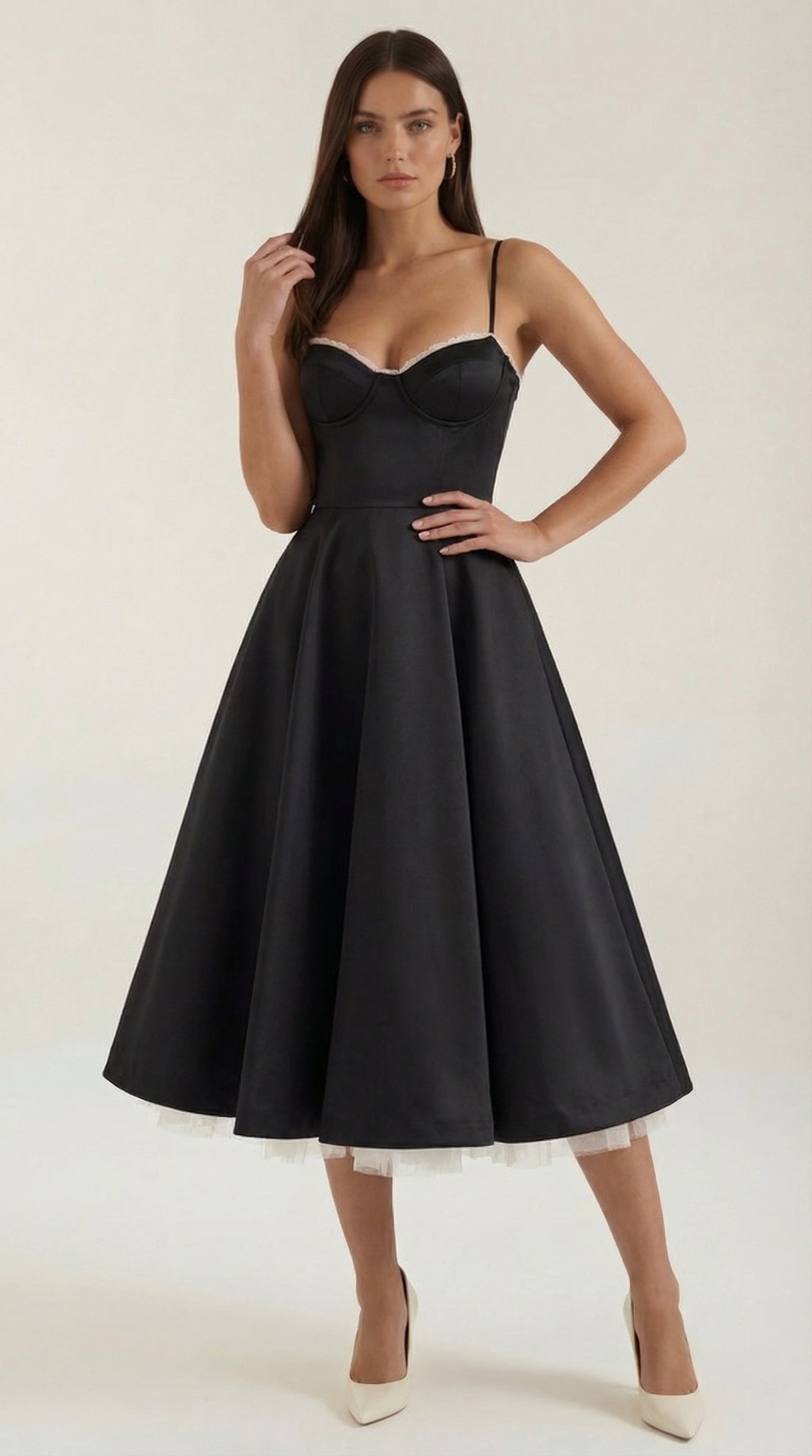 Tulle midi dress with sweetheart neckline in black
