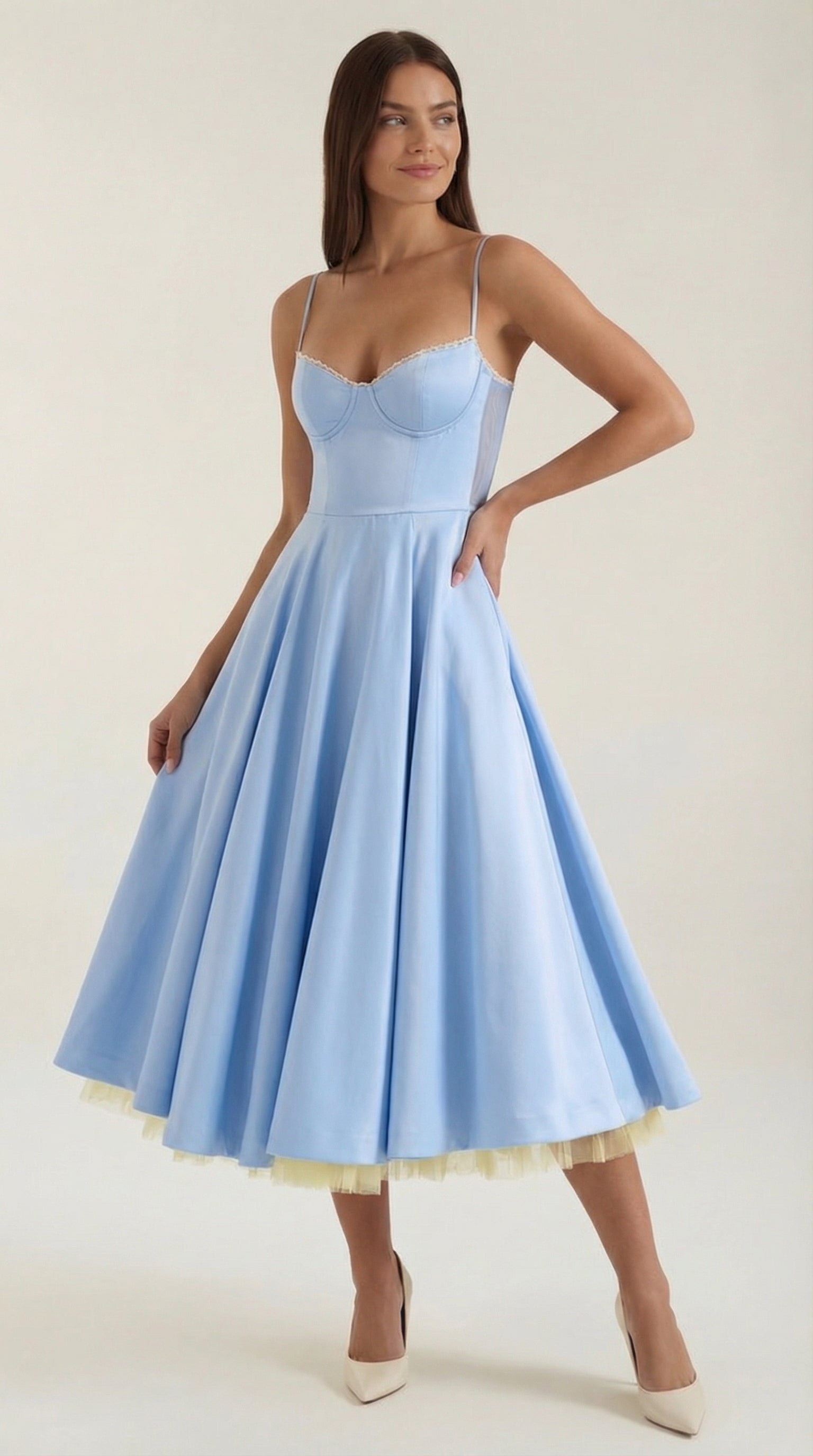 Tulle midi dress with sweetheart neckline in baby blue