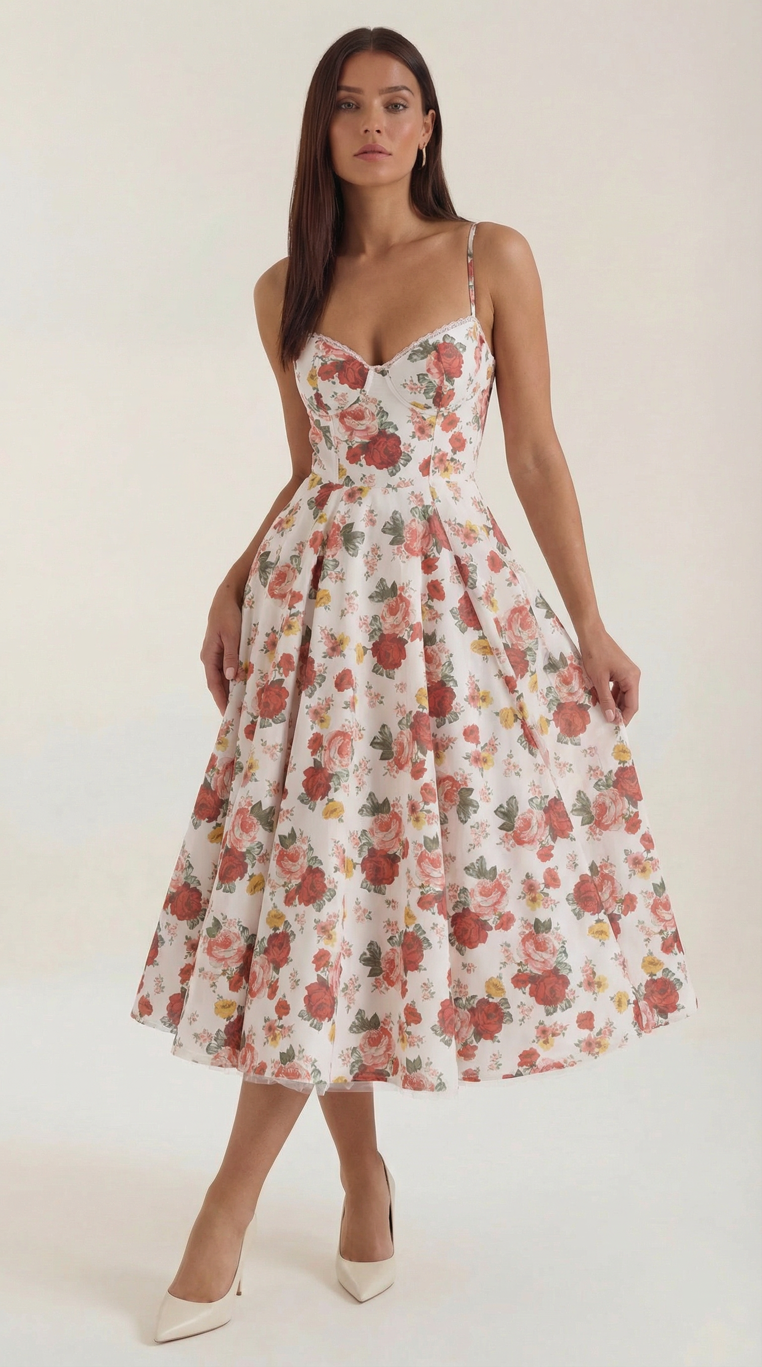 Tulle midi dress with sweetheart neckline in red