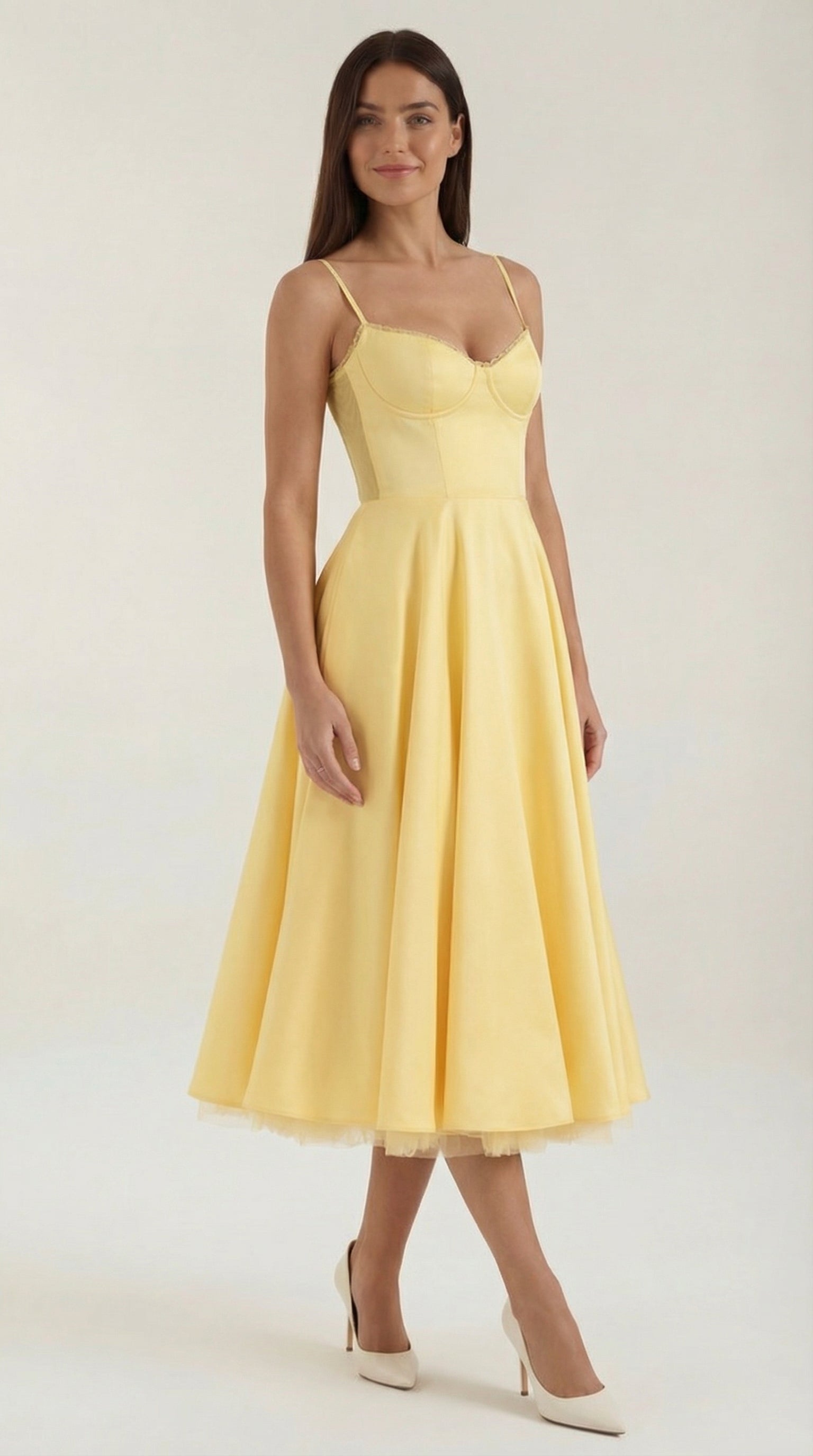 Tulle midi dress with sweetheart neckline in yellow