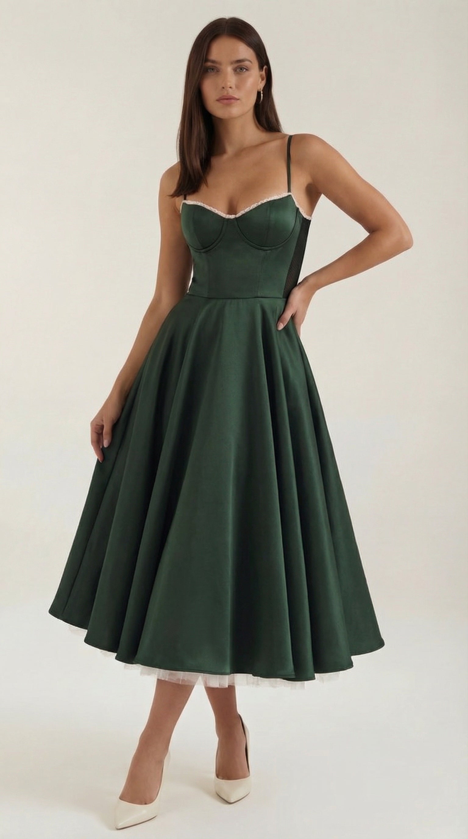 Tulle midi dress with sweetheart neckline in dark green