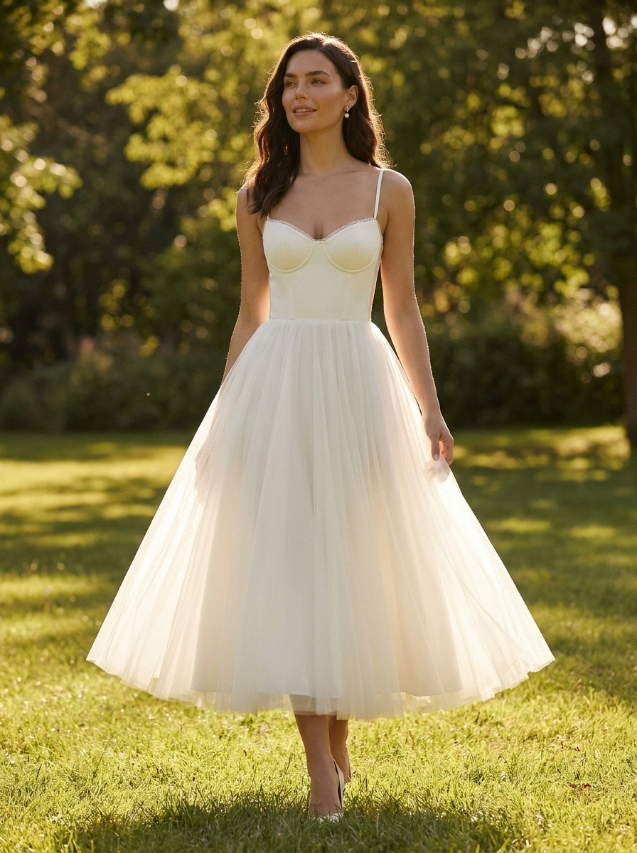Tulle midi dress with sweetheart neckline and A-line skirt on a park lawn