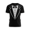 Tuxedo print party t shirt on a white background