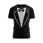 Tuxedo print party t shirt on a white background