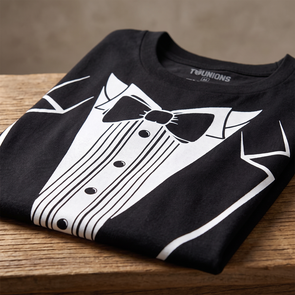 Tuxedo print party t shirt worn at a costume party