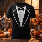 Tuxedo print party t shirt close up of printed bow tie