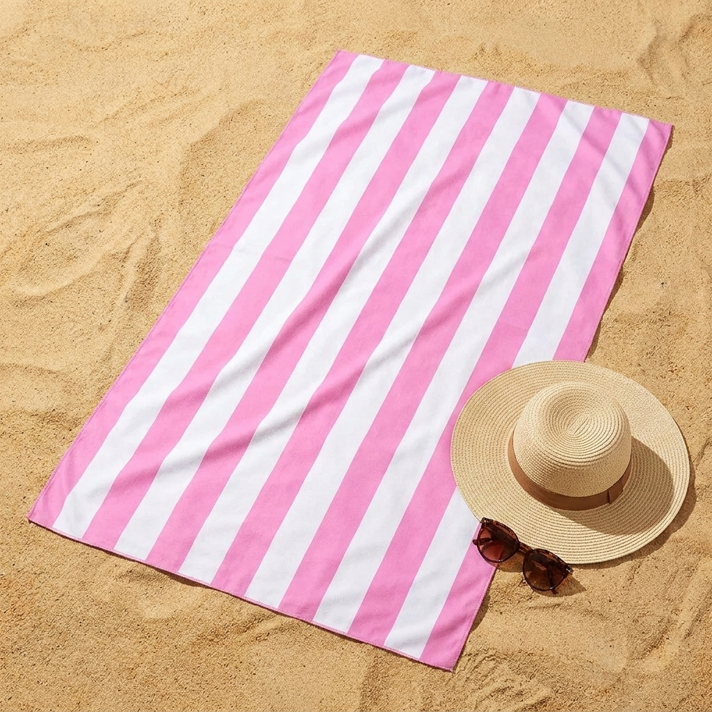 Ultra-fine fiber beach towel spread on golden sand