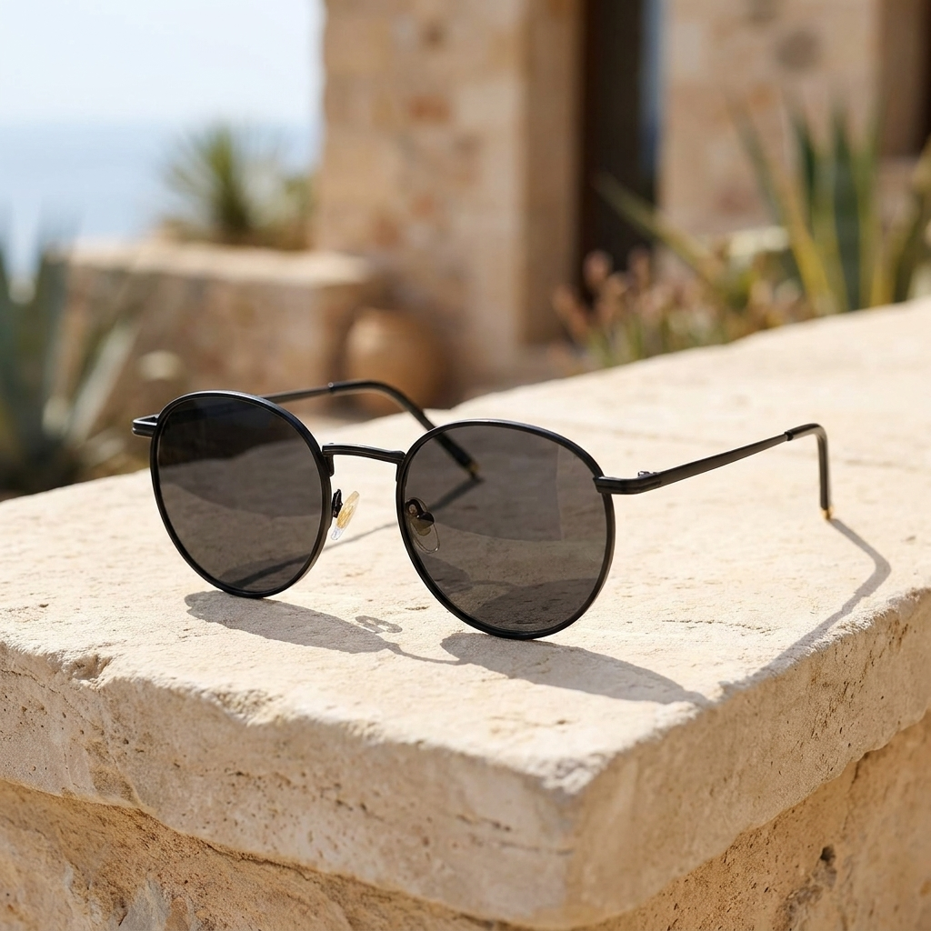 Unisex round sunglasses with lightweight metal frame on a stone ledge