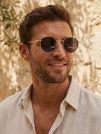 Round lens sunglasses worn, side profile