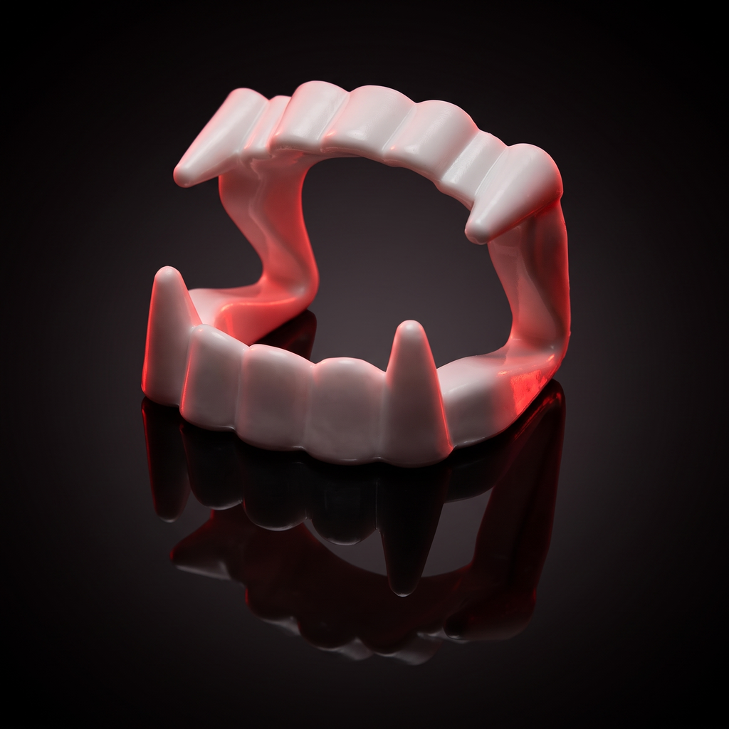 Vampire fangs costume teeth on a dark surface with red lighting