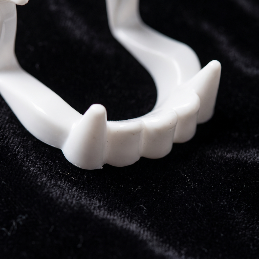 Close up of white vampire fangs costume teeth on black velvet