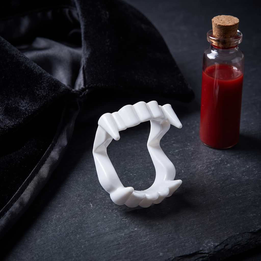 Vampire fangs styled with a black cape collar and a blood vial