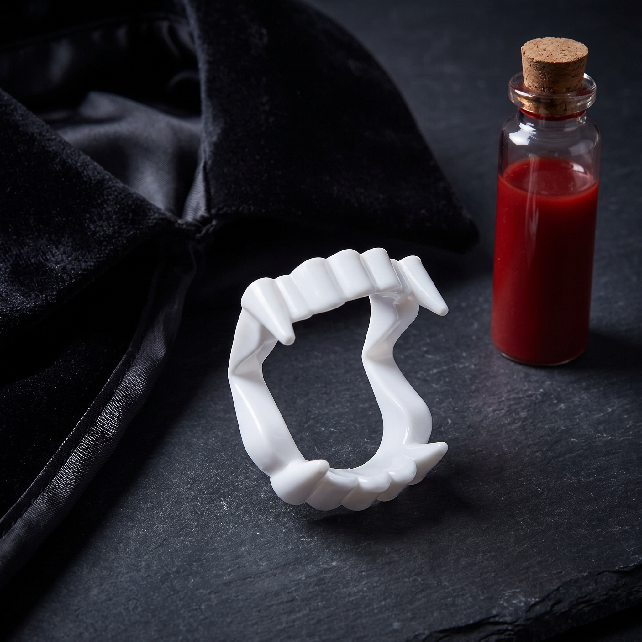 Vampire fangs styled with a black cape collar and a blood vial