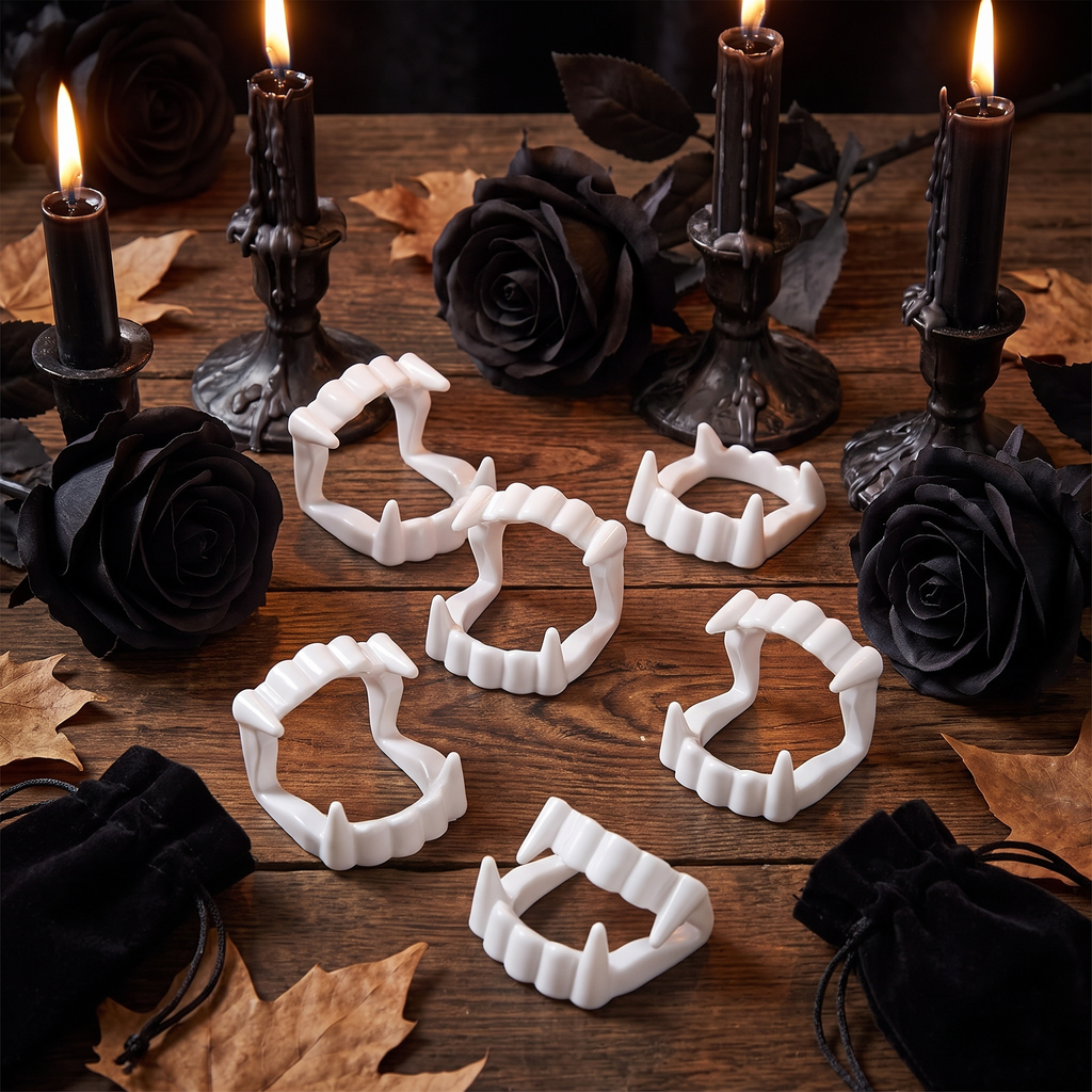 Vampire fangs as party favours with black roses and candles