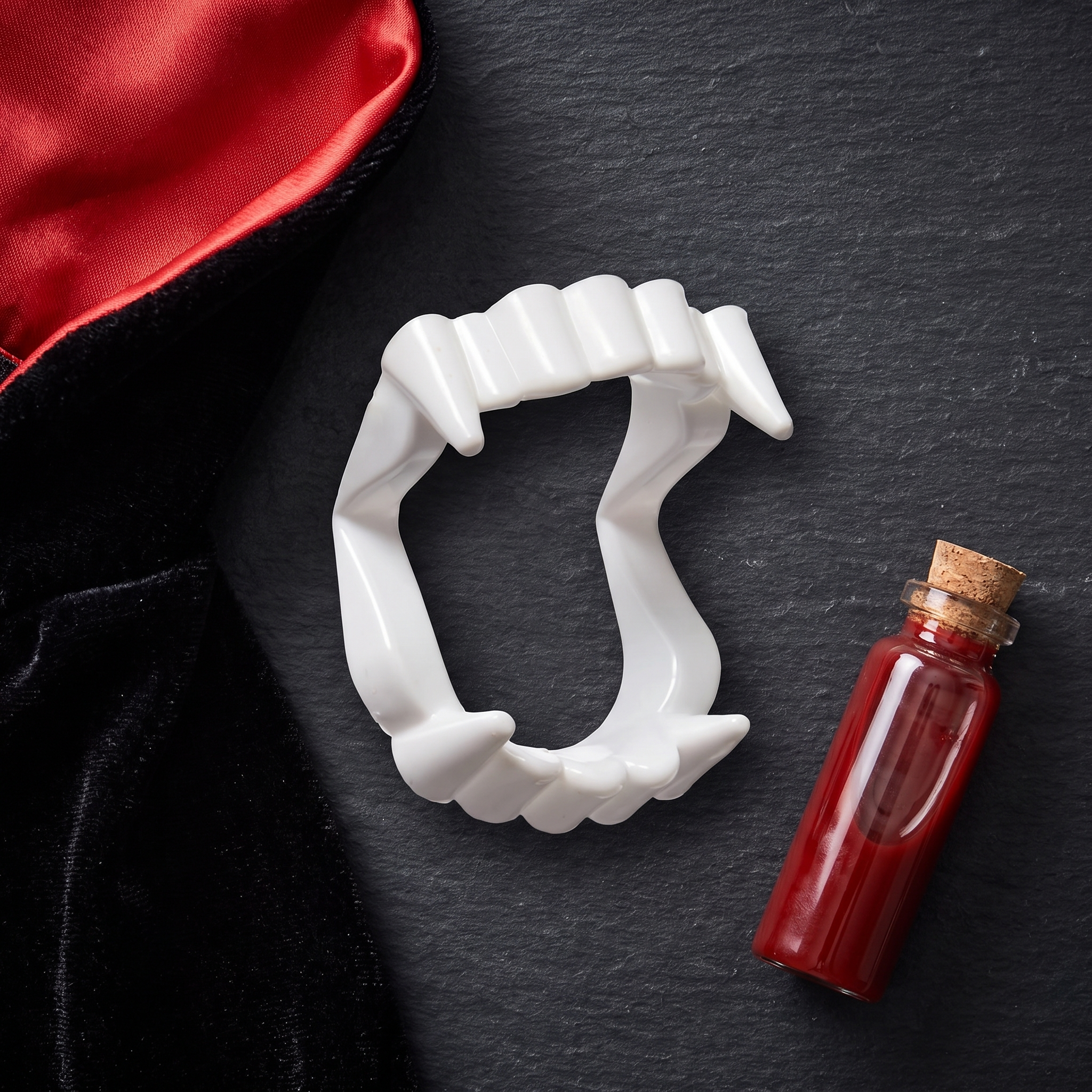 Flat lay of vampire fangs with a costume collar and fake blood