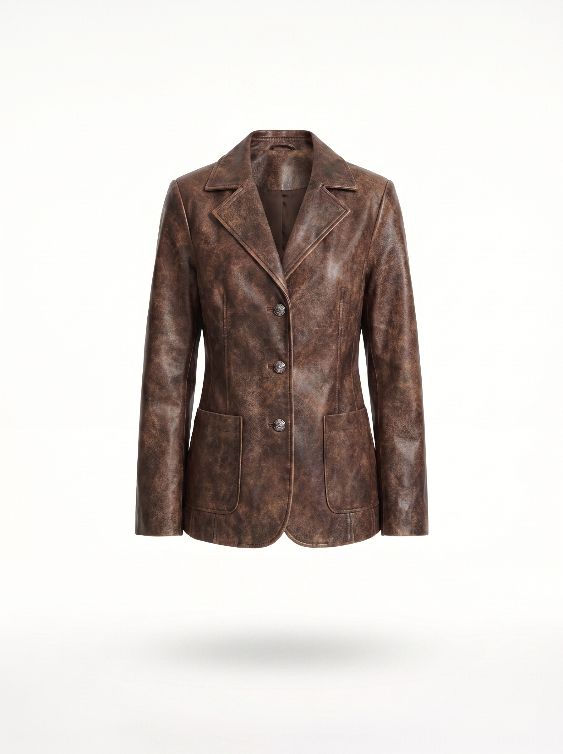 Brown faux leather blazer product shot on white background