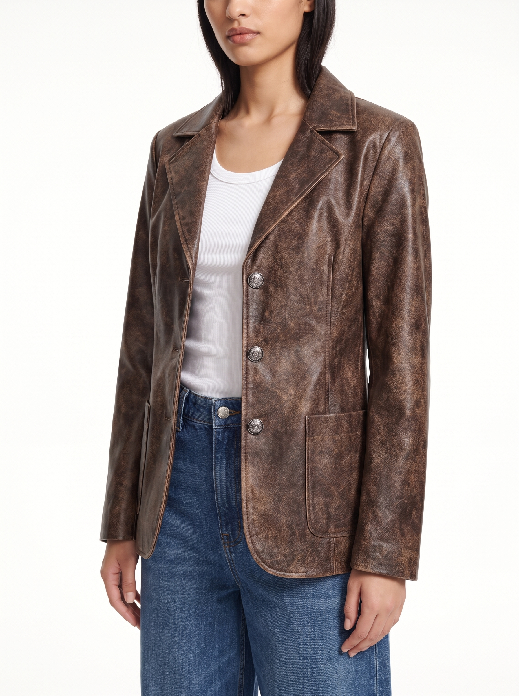 Faux leather blazer relaxed fit, three quarter view