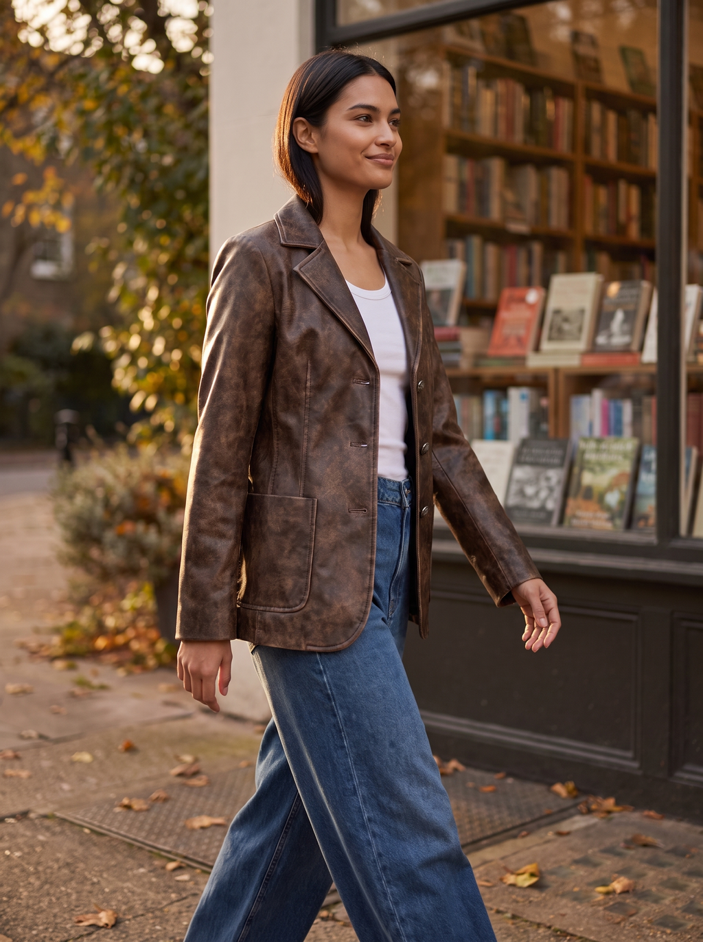Model wearing brown faux leather blazer on a city street, lifestyle view