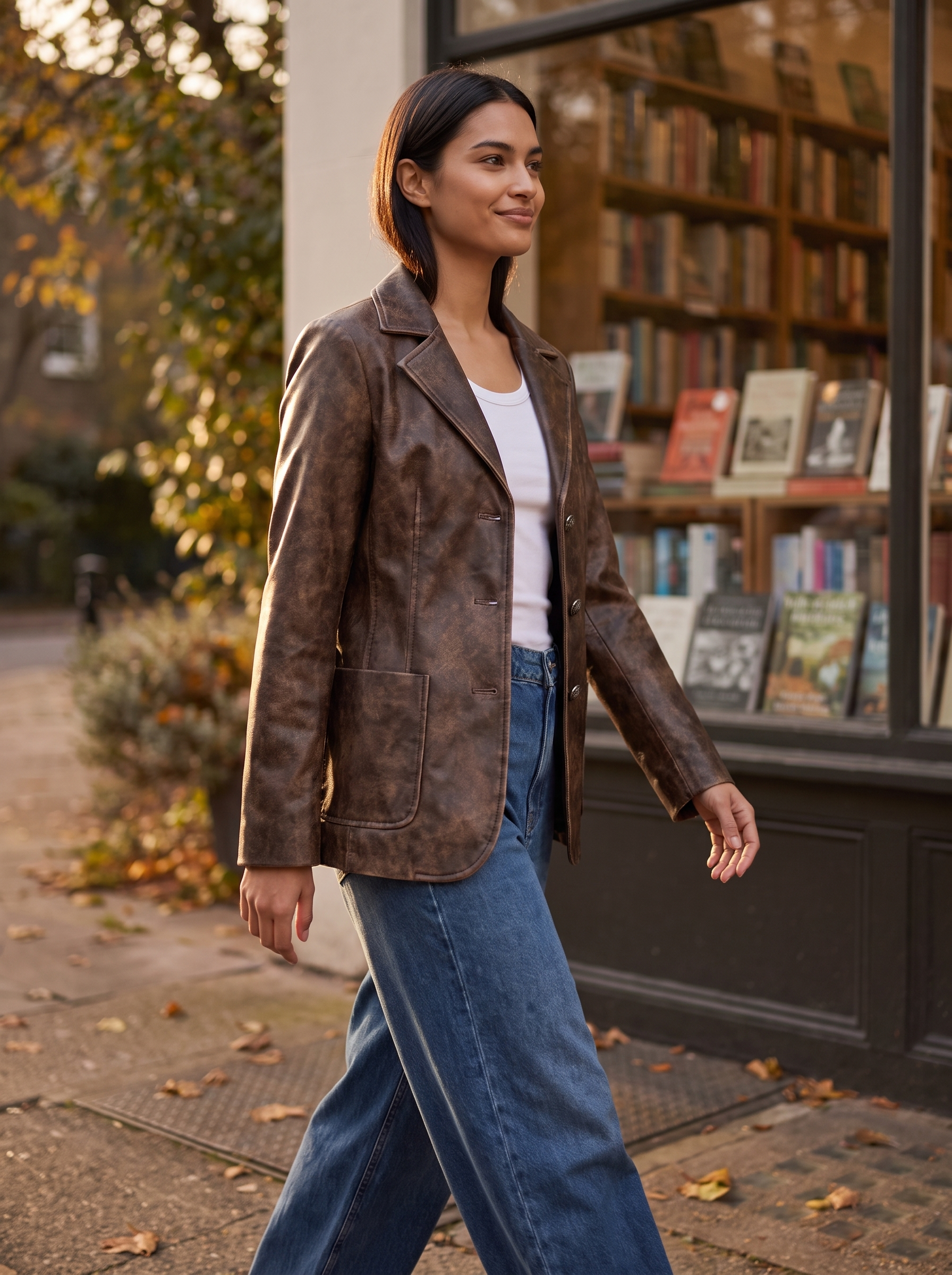 Model wearing brown faux leather blazer on a city street, lifestyle view