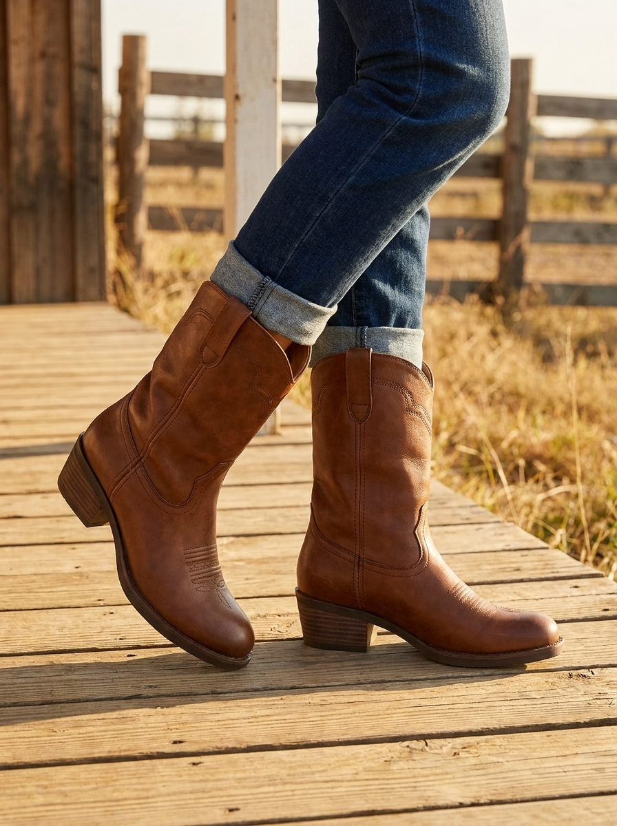 Retro brown western cowboy boots with stacked heel worn with cuffed jeans on a ranch porch