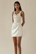 White bodycon dress with draped cowl neckline