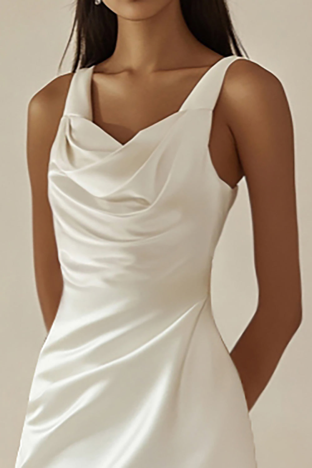 White bodycon dress, cowl neckline detail