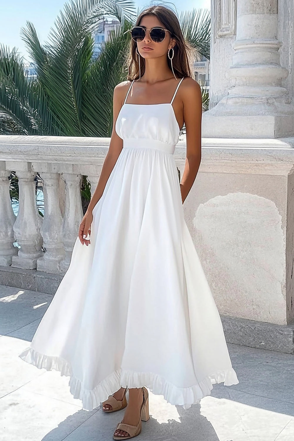 White chiffon A-line dress, front view