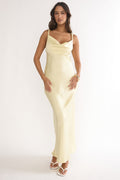 White cowl neck maxi dress with twisted straps, front view