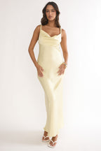 White cowl neck maxi dress with twisted straps, front view