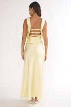 Cowl neckline detail on the white maxi dress