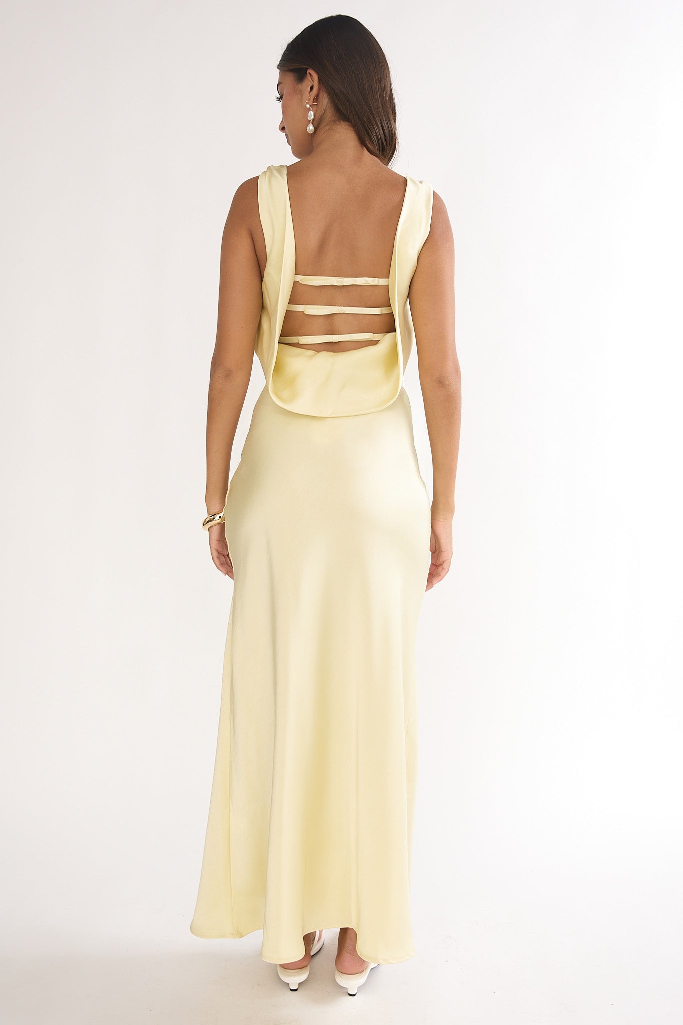 Cowl neckline detail on the white maxi dress