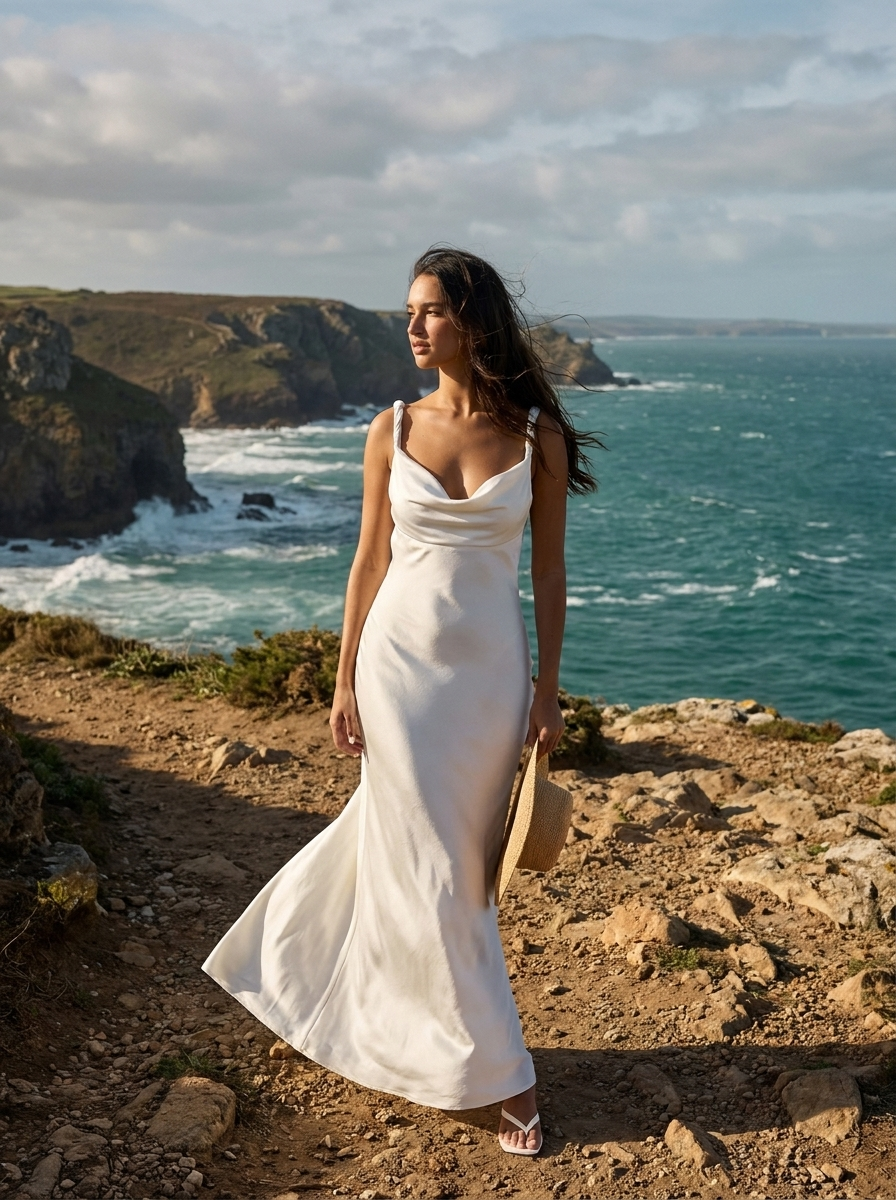 Woman wearing the white maxi dress with twisted straps and a cowl neck on a coastal cliff path