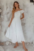 White one shoulder A-line dress, front view