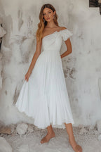 White one shoulder A-line dress, front view