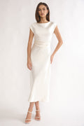 White pleated midi dress with cowl back, front view