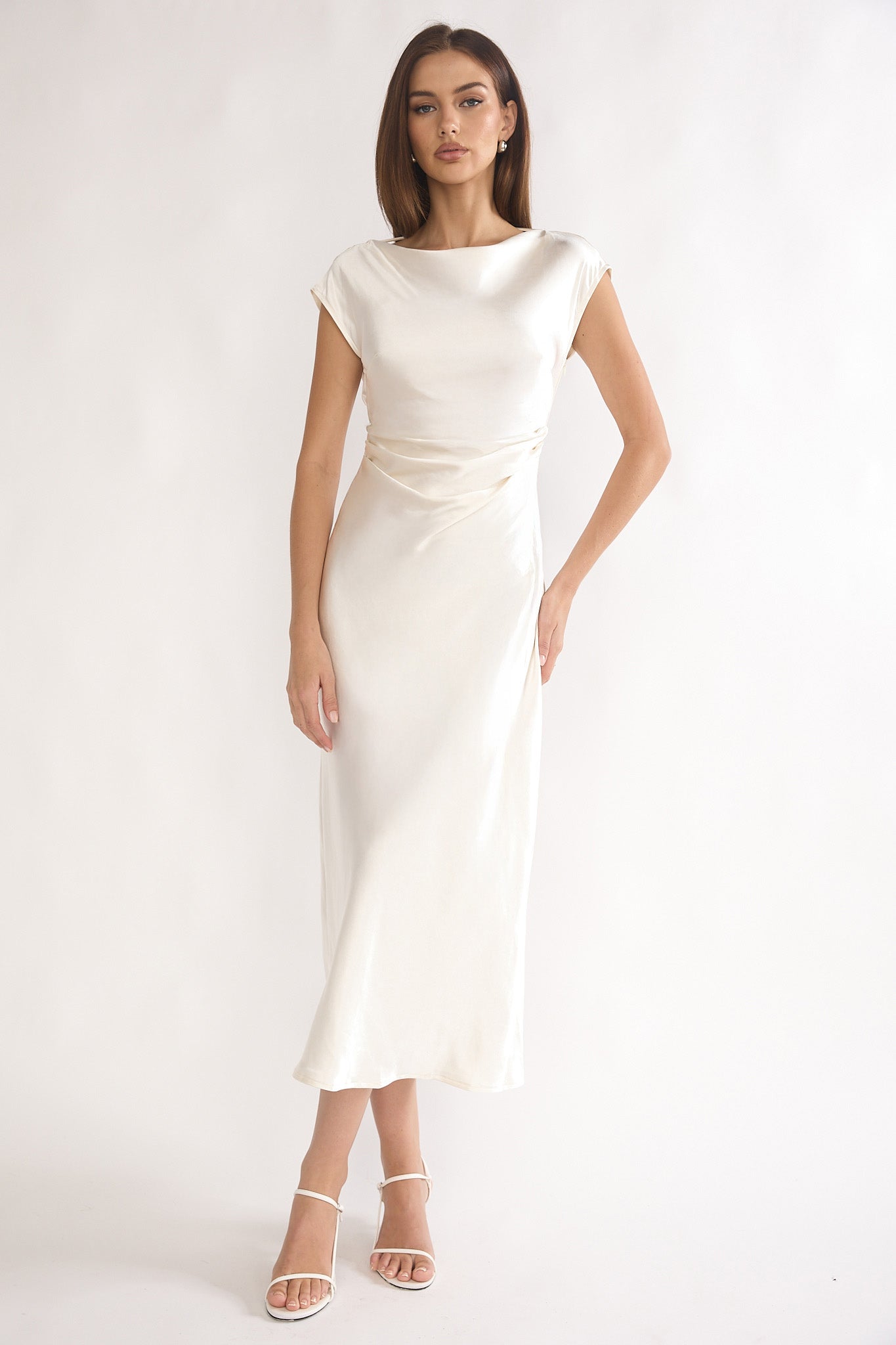 White pleated midi dress with cowl back, front view