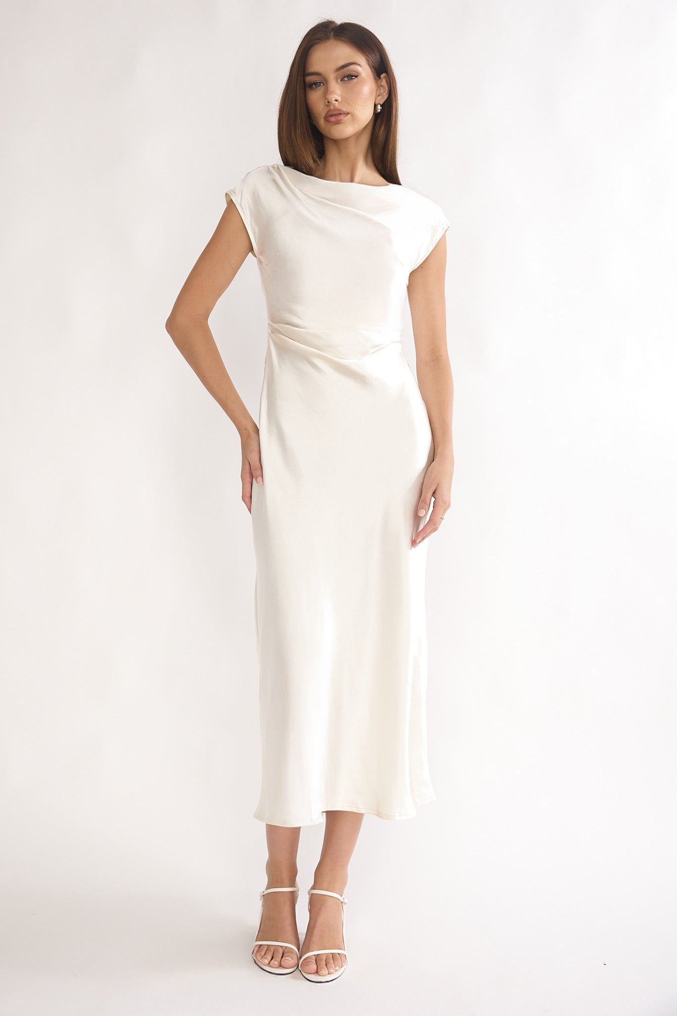 White pleated midi dress with cowl back, second view