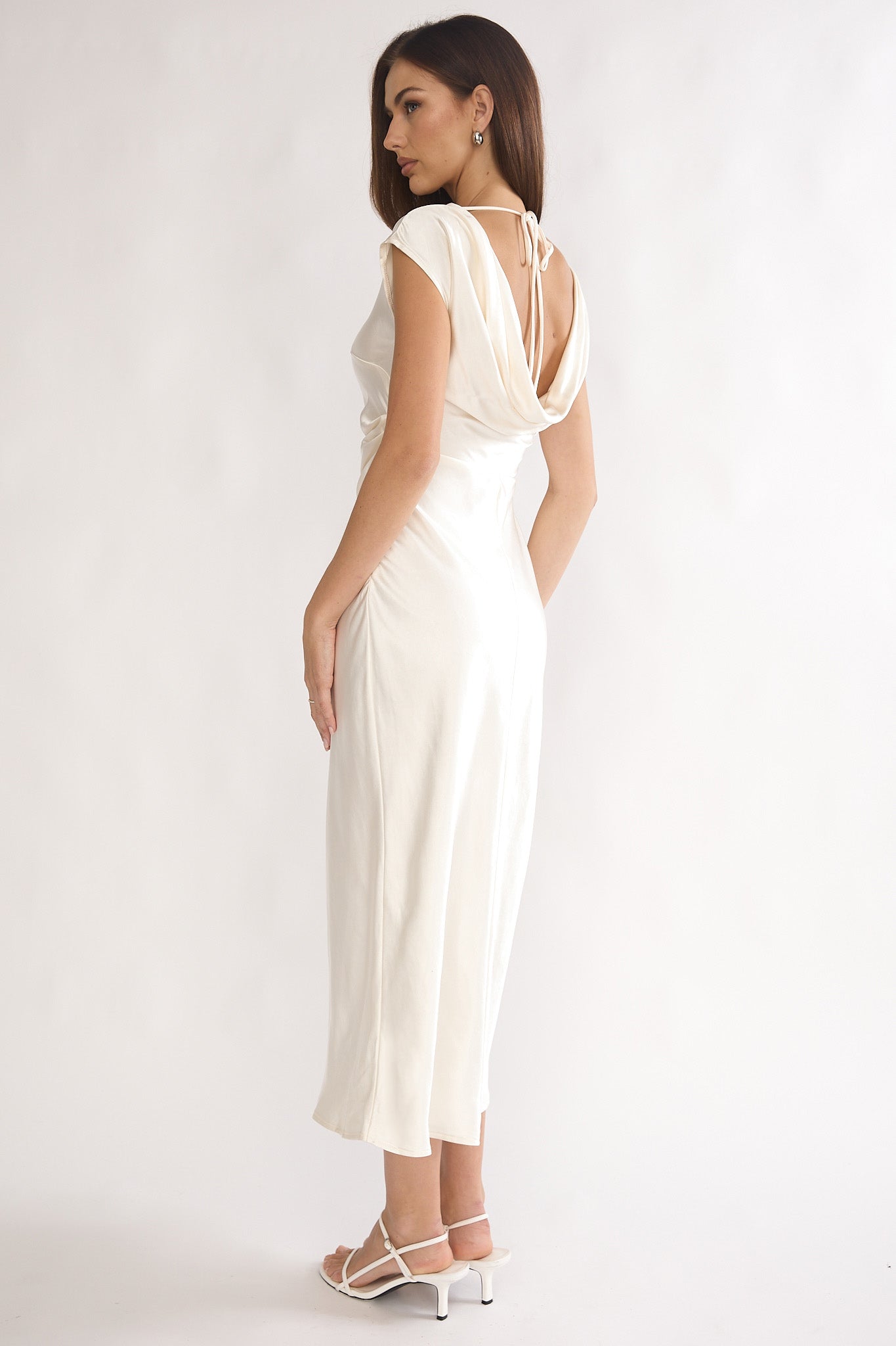 White pleated midi dress with cowl back, third view