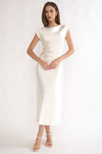 White pleated midi dress pleat detail