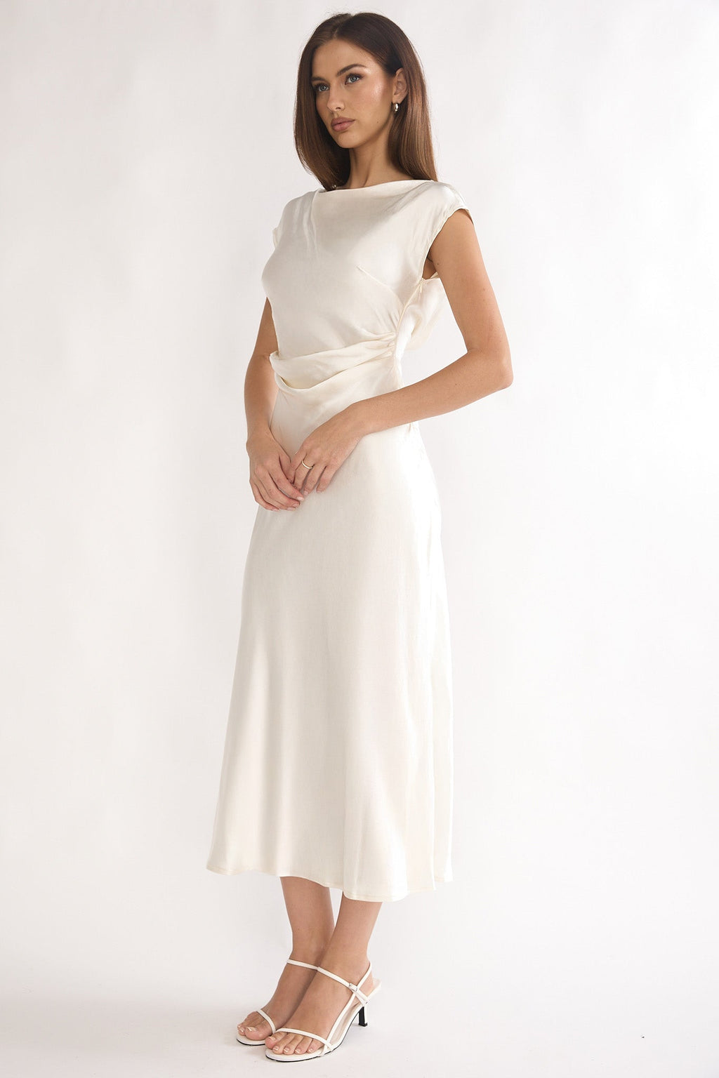 White pleated midi dress side view