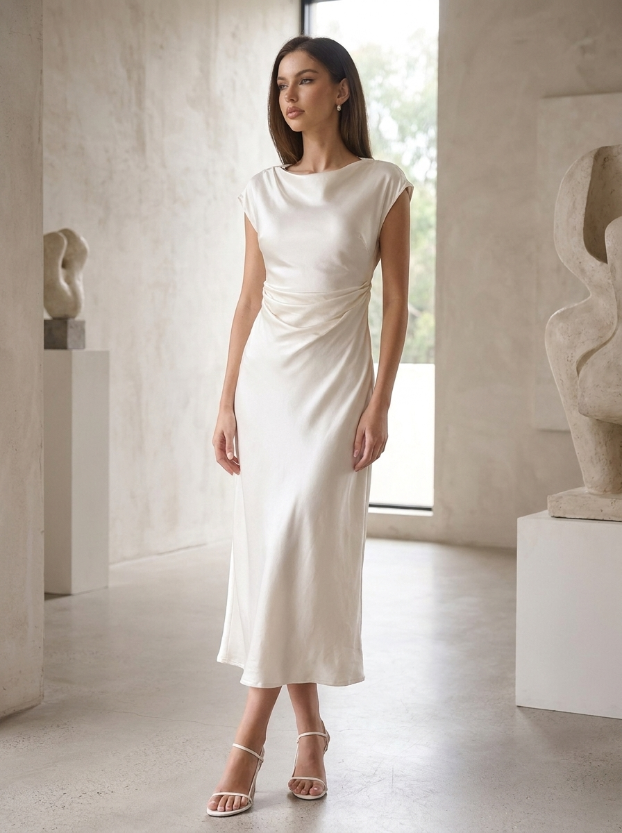 Woman wearing the white pleated midi dress with a cowl back in a modern art gallery