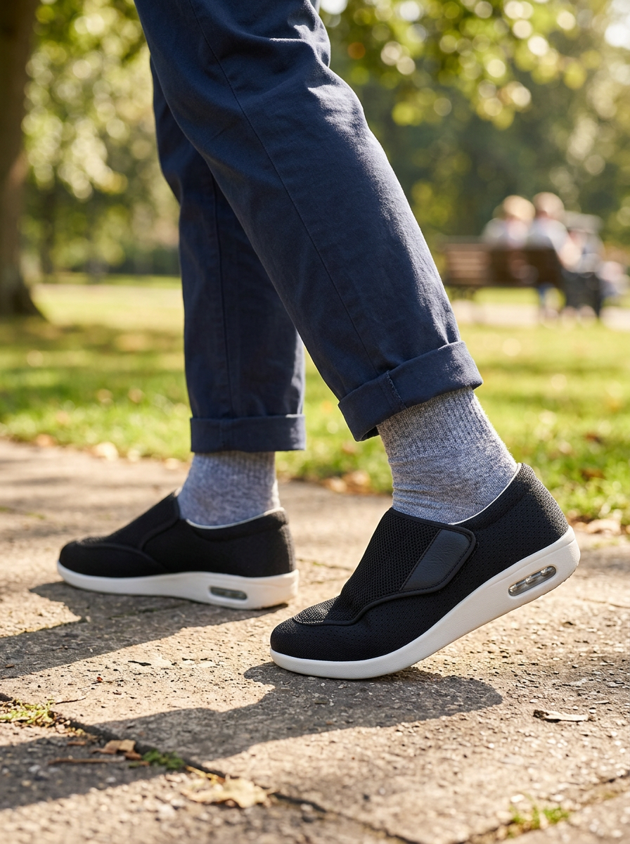 Black wide fit walking shoes with adjustable strap worn on a sunlit park path