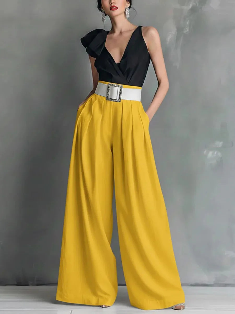 High-waisted wide-leg pants in yellow, front view